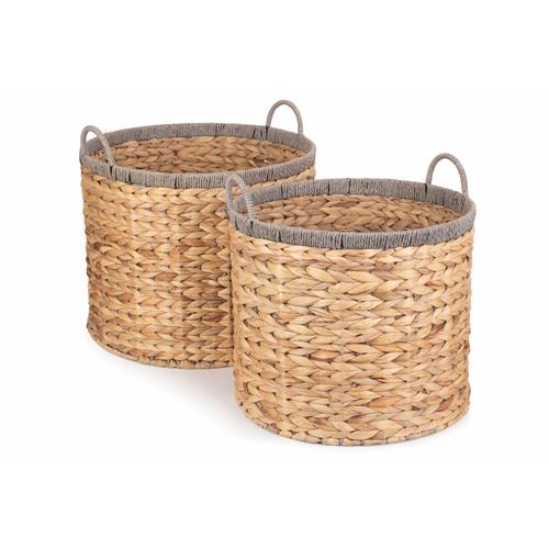 Set of 2 Round Water Hyacinth Storage Baskets with Grey Rope Border - Stylish and Versatile Storage Solution