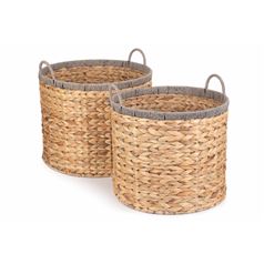 Set of 2 Round Water Hyacinth Storage Baskets with Grey Rope Border - Stylish and Versatile Storage Solution