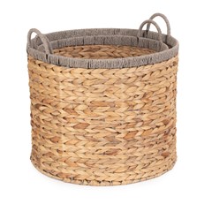 Set of 2 Round Water Hyacinth Storage Baskets with Grey Rope Border - Stylish and Versatile Storage Solution